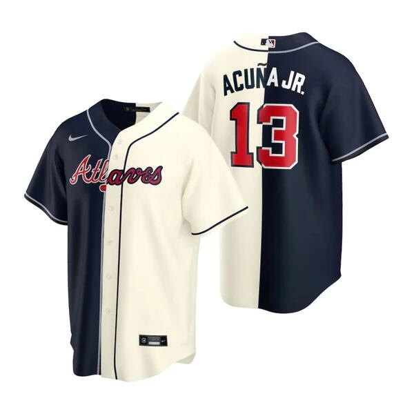 Men's Atlanta Braves #13 Ronald Acuna Jr. Navy/Cream Split Cool Base Stitched Baseball Jersey Men's Atlanta Braves #13 Ronald Acuna Jr. Navy/Cream Split Cool Base Stitched Baseball Jersey